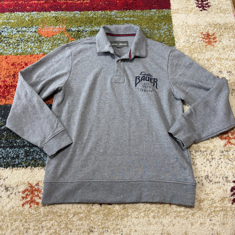 Eddie Bauer 襟付きスウェット グレー L ロゴ刺繍