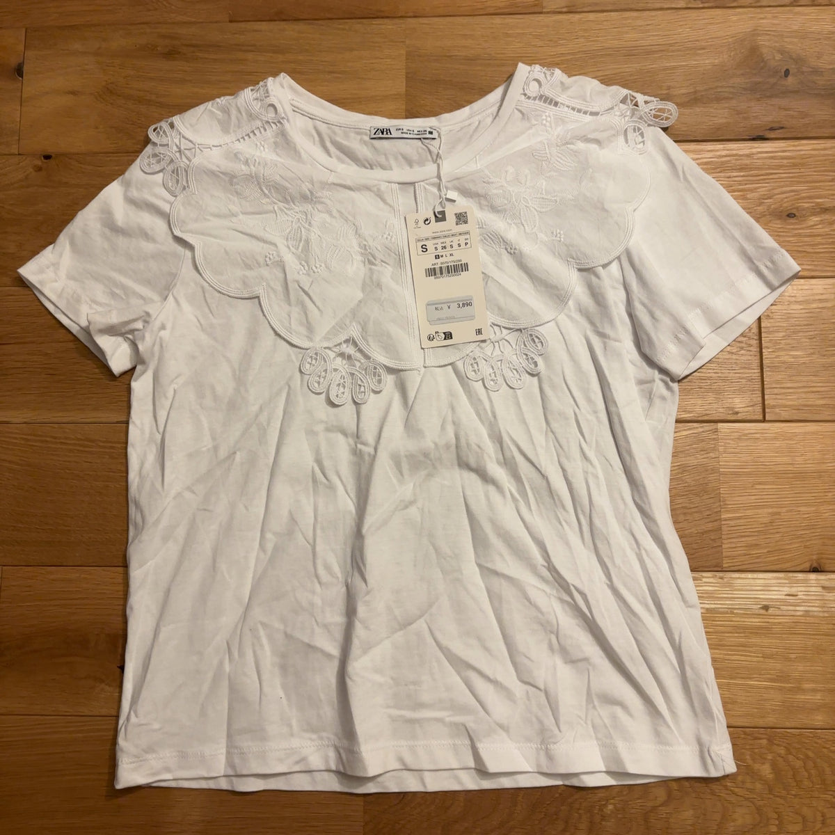 ZARA レースビッグカラー Tシャツ ホワイト S 半袖 刺繍
