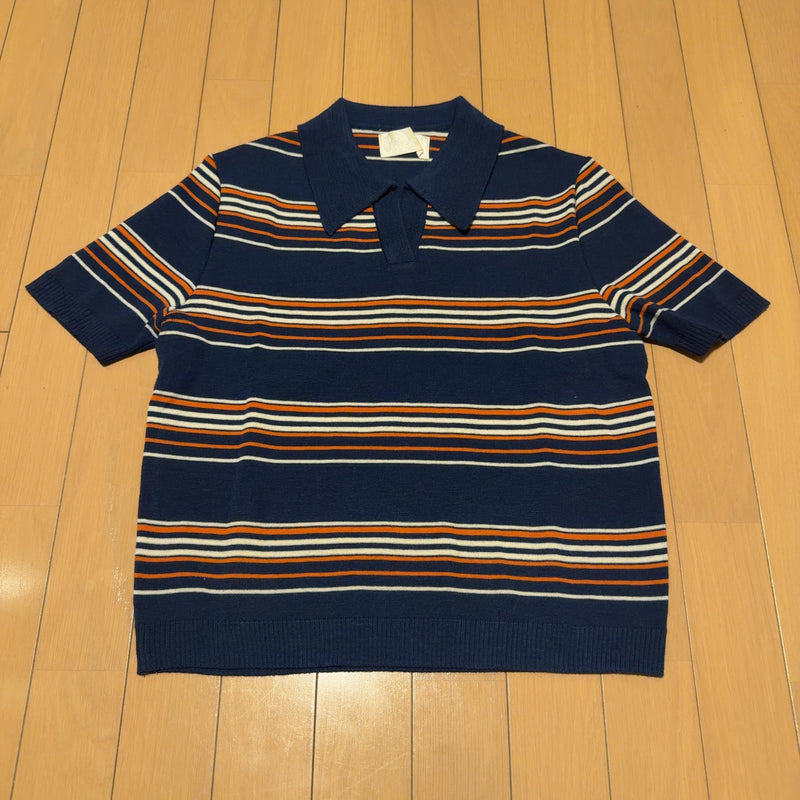CHAT CHA 半袖 ニット ポロシャツ スキッパー ネイビー XS レトロ ボーダー