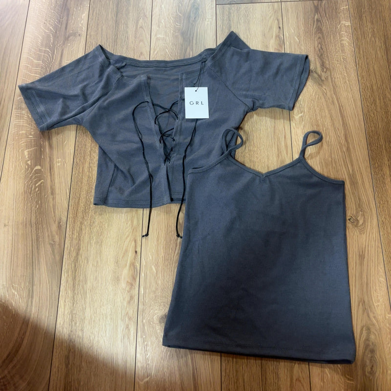 GRL アンサンブル トップス グレー M レースアップ