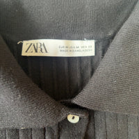ZARA ニットワンピース 黒 M 襟付き リブ 前ボタン ウエストリボン