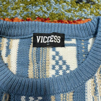 VICCESS 3D風ニット セーター ブルー 2XL 幾何学模様 レトロ
