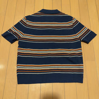 CHAT CHA 半袖 ニット ポロシャツ スキッパー ネイビー XS レトロ ボーダー